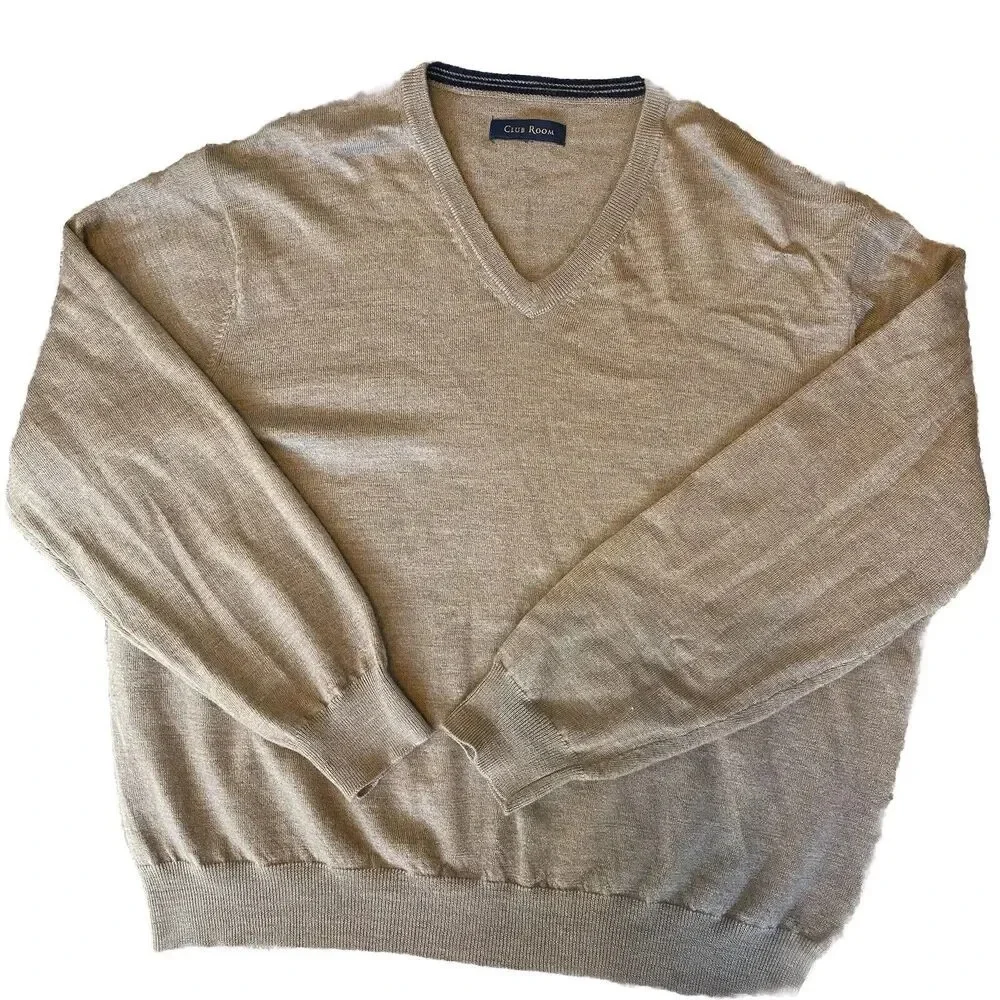 Club Room Sweater Men's Size Large V-Neck Tan Merino Wool Blend Pullover Casual